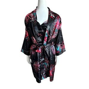 Black Floral‎ Print Satin Robe Kimono & Cami Slip Dress Set Size S/M